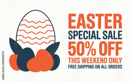 Easter special sale 50% off this weekend only, free shipping, festive egg with abstract shapes