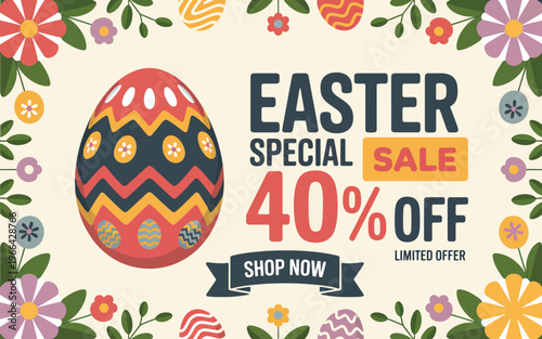 Easter special sale 40% off with festive decorated egg and floral border, shop now limited offer