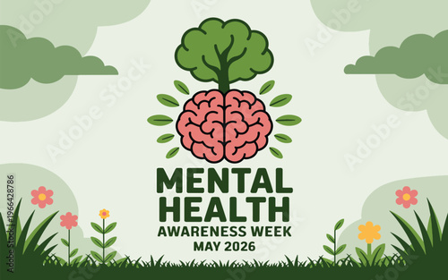 Mental health awareness week illustration showing a brain with a tree growing from it, symbolizing growth and well-being.