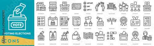 Voting Elections icon set. Election Ballot, Voting Booth, Ballot Box, Voter Card, Vote Count, Campaign Rally, Polling Station, Voting Hand