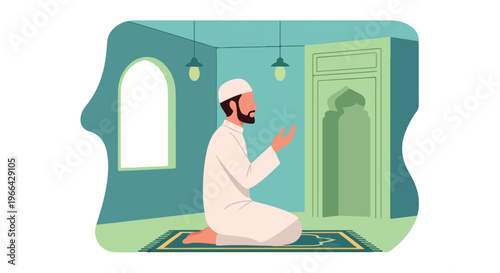 Illustration of a man in traditional Islamic attire praying on a mat in a mosque with green walls and arched doorway.