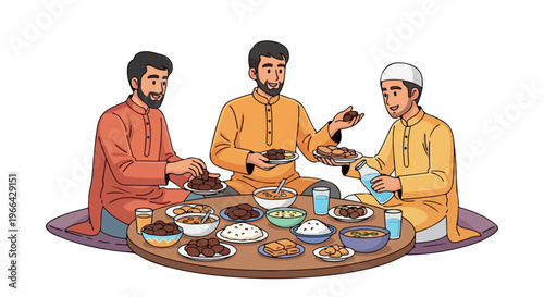 Three men sitting on the floor eating a meal together from various dishes on a round wooden table with a white background.