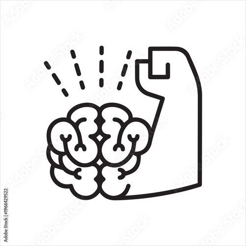 Black flat line vector icon with a picture of willpower as brain and muscle hand on white background.