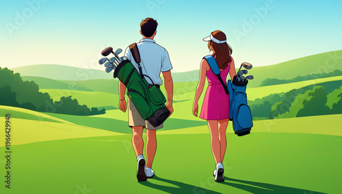 Two golfers walking together on a lush green course under a bright sky