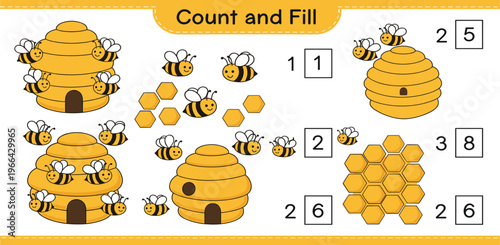 Count and Fill Worksheet with Bees and Beehives, Educational Math Activity for Kids with Honeycomb and Numbers