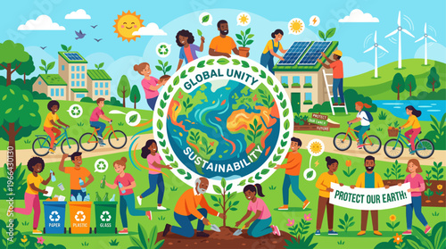 Global Sustainability and Eco-Friendly Community Working Together Illustration