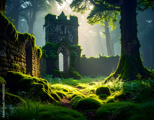 A mystical forest scene with ancient stone ruins covered in moss, bathed in soft sunlight, evoking fantasy, mystery, and a serene natural atmosphere.