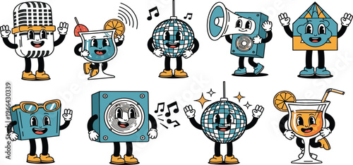 Cute Music and Party Characters Collection with Microphone, Speaker, Disco Ball and Drinks, Cartoon Illustration Set for Entertainment, Festival, and Fun Design