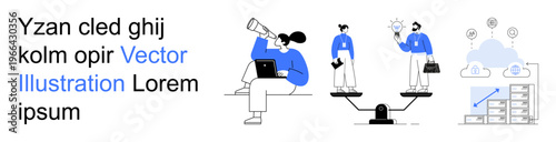 Teamwork, decision-making, leadership, innovation, digital solutions, business planning. professionals balancing ideas, using technology. Teamwork and decision-making with a balance scale