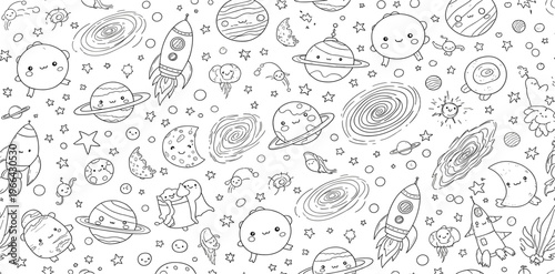 Cute Space Doodle Seamless Pattern with Planets, Rockets, Stars and Galaxies, Hand Drawn Black and White Illustration for Kids Coloring and Cosmic Design