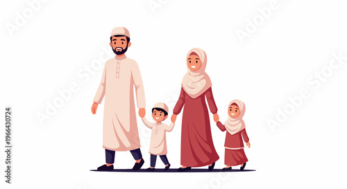 Illustration of a Muslim family walking together in traditional clothing against a plain white background.
