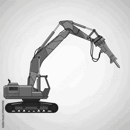 Demolition excavator with hydraulic breaker attachment on construction site