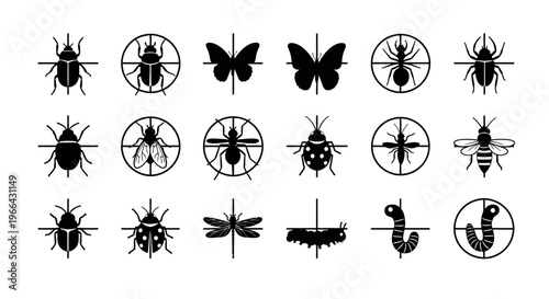 Pest Control Target Icon Set with Various Insects and Bugs on Isolated White Background
