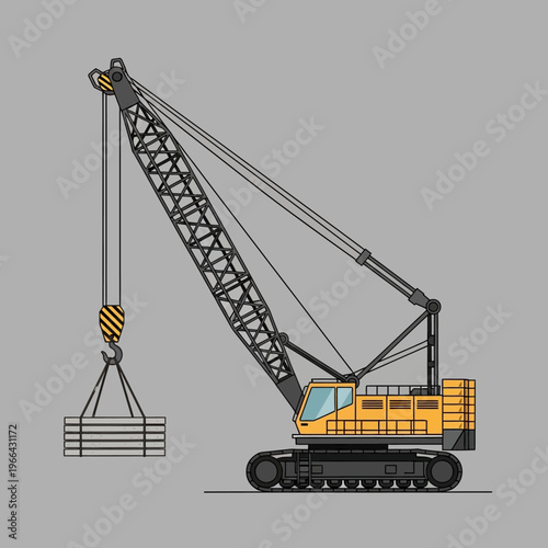 Heavy duty crawler crane lifting steel beams on construction site