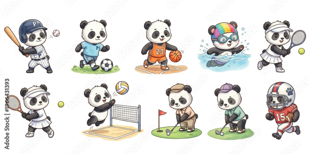 Fototapeta premium Set of funny cartoon cute Panda animals in playful sports vector style featuring smiling characters for kids toy illustration collection