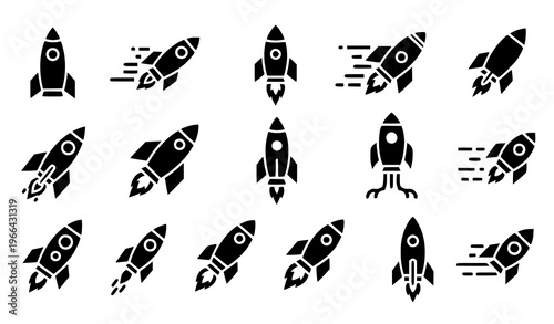 Rocket glyph icon set with bold launch and startup symbols for computer and mobile app vector collection