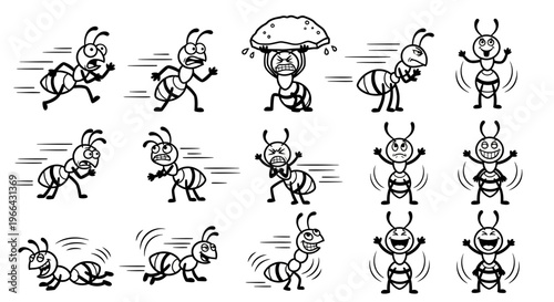 Cartoon Ants Showing Various Emotions and Actions Set on Isolated White Background