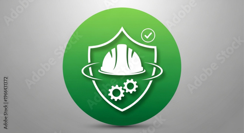 Safety First - Hard Hat and Gears in Protective Shield Icon.