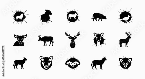 Diverse Wild Animal Silhouettes Including Deer, Boar, Bear, and Fox in Grunge Ink Splash Collection on Isolated White Background