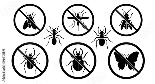 No Insects Allowed Prohibition Signs with Mosquito, Fly, Spider, Beetle, and Butterfly on Isolated White Background