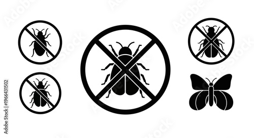 Pest Control and No Insects Warning Icons Set Including Butterfly on Isolated White Background