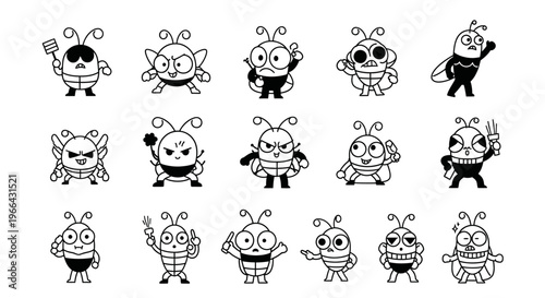 Funny Cartoon Monster Bug Alien Characters Outline Set in Playful Poses on Isolated White Background
