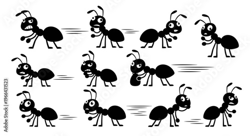 Animated Cartoon Ant Colony Marching Fast in a Winding Line on Isolated White Background