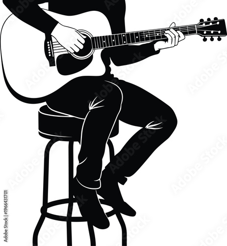 Black and white silhouette of a musician sitting on a stool playing acoustic guitar for music, hobby, concert, and entertainment.