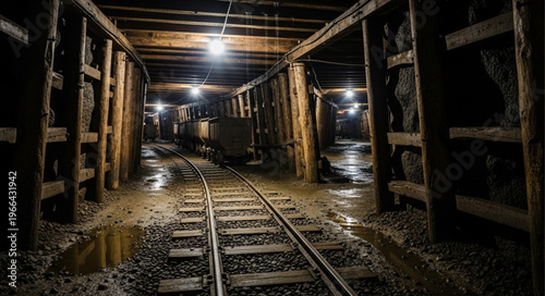 Dimly Lit Coal Mine Interior with Wooden Supports and Tracks.