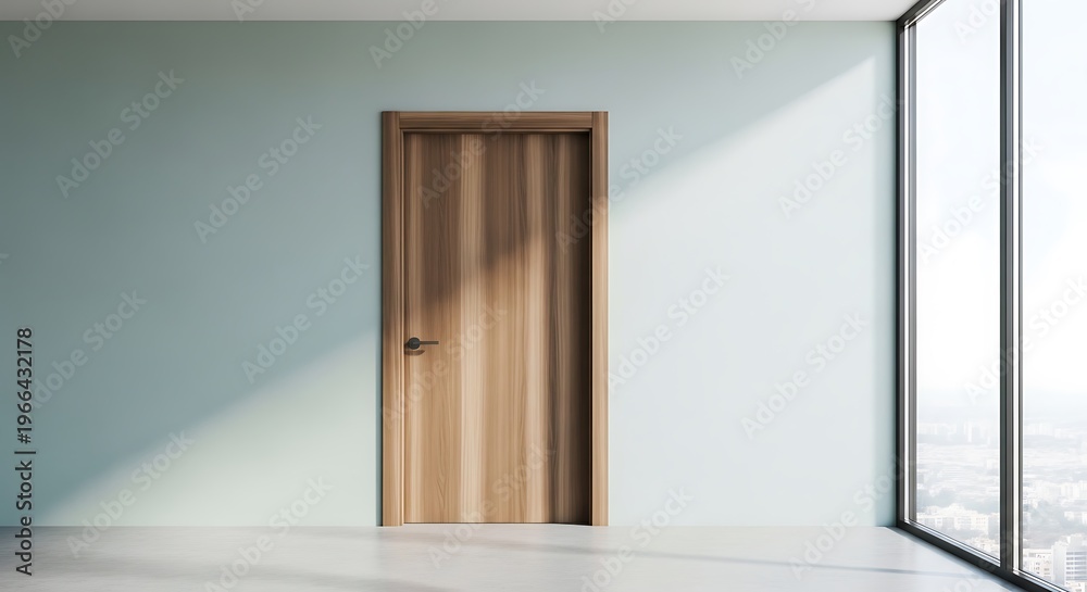 Fototapeta premium Interior shot of a room with a wooden door, large window, and light-blue wall