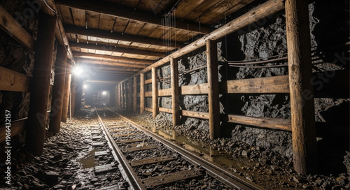 Coal Mine Interior - Dark Tunnel with Tracks and Timber Supports.