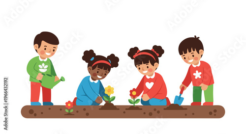 Four diverse children are working together in a garden, planting colorful flowers and watering them with joy and teamwork.
