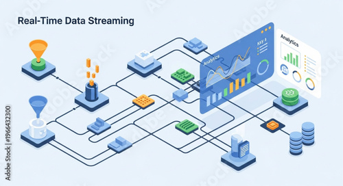 Real-Time Data Streaming Network Visualization with Isometric Design Elements.