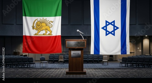 Podium with microphone on the background of the Lion and Sun flag of Iran and Israeli flags