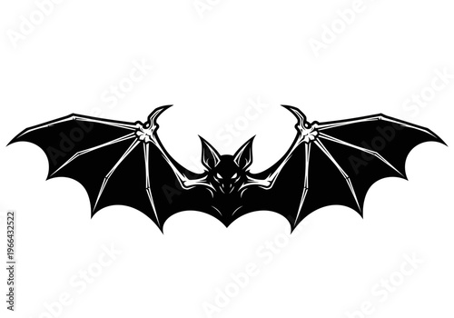 A sharp angular bat with aggressive tips spreads its bold black wings on a white background.