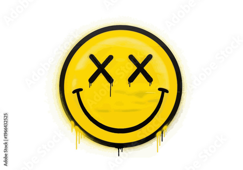 Street artist creates smiley face with crossed eyes and spray texture on white background