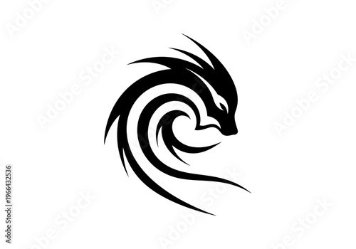 A bold black vector illustration of a mythical creature resembling a swirling organic shape.