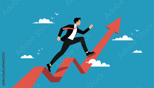 Ambitious Businessman Running Up Rising Financial Arrow, Concept of Business Growth, Stock Market Success, and Career Achievement
