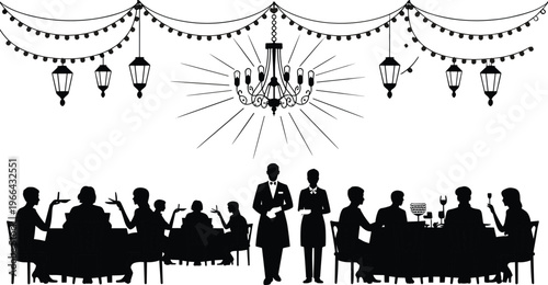 Formal dining silhouette illustration, restaurant banquet vector design, elegant social gathering art, waitstaff service graphic, black white minimal sketch
