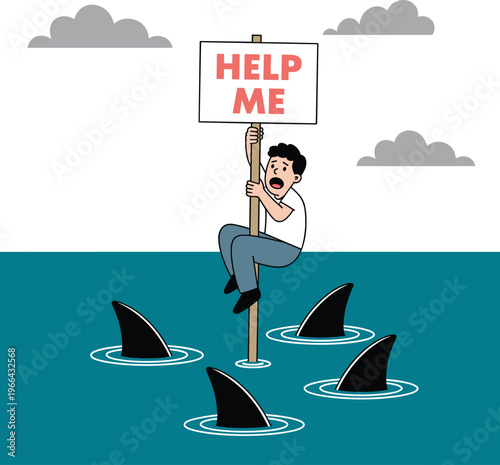 Businessman Clinging to Pole in Shark Infested Water Holding Help Me Sign, Concept of Business Risk, Crisis and Financial Danger