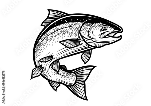 A dynamic salmon fish jumps with an intricate scale texture and bold black linework.