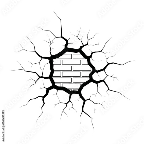 A cracked wall with a hole in the center shows broken brick texture on a white background.