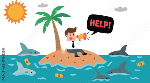 Businessman Stranded on Desert Island with Sharks and Money Floating in Sea, Financial Risk Concept