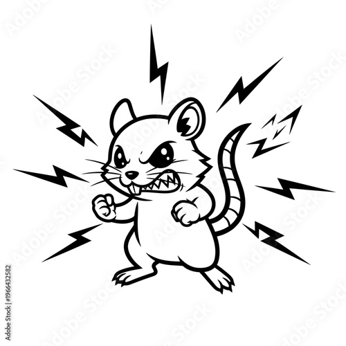Aggressive rodent character attacks with sharp lightning bolts, bold black vector illustration on white background.