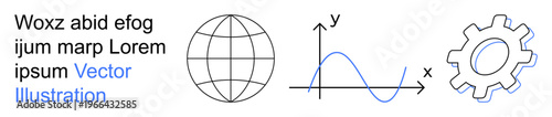 Data analysis, global technology, engineering systems, academic research, innovation, process flow. A globe, line graph and gear icon drawn in minimalist style. Data and global technology concepts