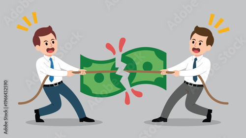Businessmen in Tug of War Competing and Tearing Banknote Money Vector Illustration