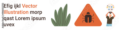 Cybersecurity, innovation, digital learning, online threats, problem-solving, malware detection. Bug icon with warning sign, plant and brainstorming figure. Cybersecurity and innovation concepts