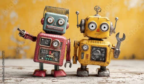 Photograph of two small vintage robots standing side by side on a weathered wooden surface with a textured yellow background highlighting their colorful designs and mechanical features