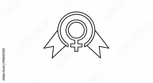 Line drawing of a female symbol inside concentric circles with ribbons on a white background.