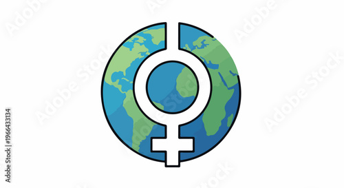 Illustration of a female symbol superimposed on a globe with blue oceans and green continents on a white background.